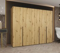 Kleiderschrank / Drehtürenschrank mit Soft-Close-Funktion Eiger 34, Farbe: Eiche Artisan, drei Kleiderstangen, Griffe: Schwarz, 2,5 Meter breit, drei Fächer