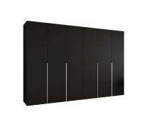 Kleiderschrank mit sechs Türen Eiger 51, Farbe: Schwarz, vier Kleiderstangen, 3 Meter breit, vier Fächer, Soft-Close-Funktion, Griffe: Kaschmir, Drehtürenschrank