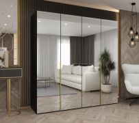 Kleiderschrank mit vier Spiegeltüren Eiger 140, Farbe: Schwarz, zwei Kleiderstangen, zwei Fächer, 2 Meter breit, Soft-Close-Funktion, Griffe: Gold