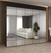 Kleiderschrank mit Soft-Close-Funktion | Farbe: Walnuss | drei Fächer | 2,5 Meter breit | drei Kleiderstangen | Griffe: Gold | fünf Spiegeltüren