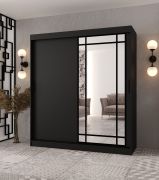 Kleiderschrank / Schiebetürenschrank | Schwarz Matt | dekorative Spiegeltür | 180 x 62 x 200 | 10 Fächer | 2 Kleiderstangen | Moderne Details