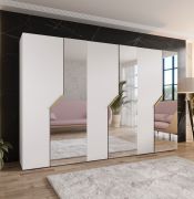 Drehtürenschrank | 3 Spiegeltüren | Farbe: Weiß | 3 Fächer | 3 Kleiderstangen | Soft-Close-Funktion | Griffe: Gold | Maße: 300 x 52 x 202 cm | Kleiderschrank | ABS-Kanten