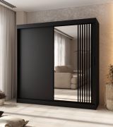 Kleiderschrank / Schiebetürenschrank | dekorative Spiegeltür | Schwarz Matt | 10 Fächer | 2 Kleiderstangen | 200 x 62 x 200 cm | für Schlafzimmer