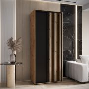 Kleiderschrank Mina in Eiche/Schwarz mit Schiebetüren, 1 Meter breit, ausziehbare Metallstangen, Lamellen aus Kunststoff, viel Stauraum, moderne Optik