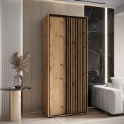 1,1 Meter breiter Kleiderschrank Mina in Eiche mit Schiebetüren, Anti Staubbürsten, moderne Optik, Kunststoff Lamellen, Schwarzer Stahlgriff, robust