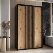 1,5 Meter breiter Schiebetürenschrank Mina in Schwarz/Eiche, Front aus laminierter Platte, Anti Staubbürsten, Metallgriffe in schwarz, robust