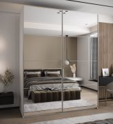 Kleiderschrank / Schiebetürenschrank | 11 Fächer | 245,5 x 190 x 64 cm | Spiegel | 2 Kleiderstangen | 2 Schiebetüren | Soft-Close | Farbe: Weiß