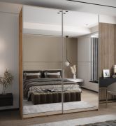 Kleiderschrank / Schiebetürenschrank | 245,5 x 200 x 64 cm | 11 Fächer | 2 Kleiderstangen | 2 Schiebetüren | Soft-Close | Spiegel | Farbe: Eiche Artisan