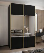 Kleiderschrank / Schiebetürenschrank | Farbe: Schwarz | 6 Fächer | 2 Kleiderstangen | 245,5 x 150 x 64 cm | Soft-Close | Spiegel | 2 Schiebetüren