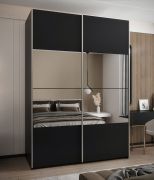 Kleiderschrank / Schiebetürenschrank | Spiegel | 11 Fächer | 245,5 x 170 x 64 cm | 2 Schiebetüren | Soft-Close | Farbe: Schwarz | 2 Kleiderstangen