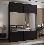 Kleiderschrank / Schiebetürenschrank | 2 Kleiderstangen | 245,5 x 190 x 64 cm | Spiegel | Soft-Close | 11 Fächer | 2 Schiebetüren | Farbe: Schwarz