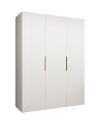Kleiderschrank mit drei Türen Korab 16, Farbe: Weiß, 1,5 Meter breit, Drehtürenschrank, zwei Fächer, Griffe: Gold, zwei Kleiderstangen, Soft-Close-Funktion