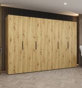 Drehtürenschrank mit sechs Türen Korab 45, Farbe: Eiche Artisan, drei Kleiderstangen, 3 Meter breit, Griffe: Schwarz, Soft-Close-Funktion, drei Fächer