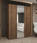 Drehtürenschrank mit zwei Kleiderstangen | Farbe: Walnuss | zwei Fächer | 1,5 Meter breit | Griffe: Gold | Soft-Close-Funktion | eine Spiegeltür