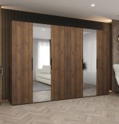 Kleiderschrank / Drehtürenschrank | Farbe: Walnuss | 3 Meter breit | vier Kleiderstangen | Soft-Close | zwei Spiegeltüren | Griffe: Schwarz | vier Fächer