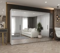 Kleiderschrank mit vier Kleiderstangen Korab 157, Farbe: Weiß, 3 Meter breit, Drehtürenschrank, Soft-Close-Funktion, Griffe: Schwarz, sechs Spiegeltüren