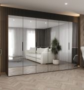 Kleiderschrank / Drehtürenschrank mit sechs Spiegeltüren | Farbe: Walnuss | 3 Meter breit | Griffe: Schwarz | vier Fächer | vier Kleiderstangen | Soft-Close