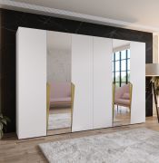 Kleiderschrank / Drehtürenschrank | Farbe: Weiß | 2 Spiegeltüren | 4 Fächer | 4 Kleiderstangen | Soft-Close | Griffe: Gold | Maße: 300 x 52 x 202 cm | ABS