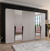 Kleiderschrank / Drehtürenschrank | Farbe: Kaschmir | 2 Spiegeltüren | 4 Fächer | 4 Kleiderstangen | Soft-Close | Griffe: Schwarz | Maße: 300 x 52 x 202 cm | ABS