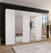 Drehtürenschrank | 3 Spiegeltüren | Farbe: Weiß | Soft-Close | 3 Fächer | 3 Kleiderstangen | Griffe: Schwarz | Maße: 300 x 52 x 202 cm | Kleiderschrank