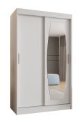 Kleiderschrank mit einer Spiegeltür Musala 06, Farbe: Weiß, 1,2 Meter breit, Aluminiumschienen, fünf Fächer, Schiebetürenschrank, zwei Kleiderstangen