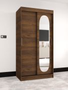 Schiebetürenschrank / Kleiderschrank | Farbe: Walnuss | 1 Meter breit | fünf Fächer | Tür mit ovalen Spiegel | zwei Kleiderstangen