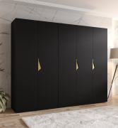 Kleiderschrank | 5-Türig | Farbe: Schwarz | 2,5 Meter breit | Griffe: Gold | 3 Kleiderstangen | 3 Fächer | Maße: 250 x 52 x 202 cm | ABS-Kantenschutz