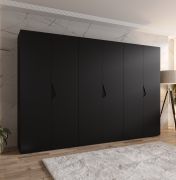 Drehtürenschrank | 6 Türen | Farbe: Schwarz | 3 Kleiderstangen | Griffe: Schwarz | 3 Fächer | Maße: 300 x 52 x 202 cm | Soft-Close-Funktion