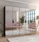 Drehtürenschrank / Kleiderschrank | Farbe: Schwarz | 3 Fächer | Soft-Close | Griffe: Schwarz | Schlafzimmerschrank mit Spiegel | Maße: 250 x 52 x 202 cm | ABS-Kanten