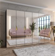 Drehtürenschrank | Farbe: Schwarz | 3 Meter breit | Griffe: Gold | Schlafzimmerschrank mit Spiegel | 4 Kleiderstangen | Soft-Close | Maße: 300 x 52 x 202 cm | 4 Fächer