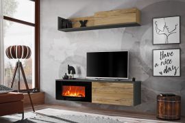 Wohnwand Bjordal 14 mit Elektrokamin, Farbe Eiche Flagstaff / Anthrazit, 180 x 180 x 40 cm, Push To Open, 5 Fächer, 3 Türen, 1 Ablage