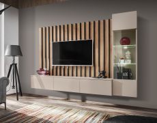 Wohnwand | Farbe: Kaschmir | Push-to-open Funktion | Maße: 220 x 35 x 148 cm |  1 TV-Unterschrank | 1 Vitrine | für Wohnzimmer