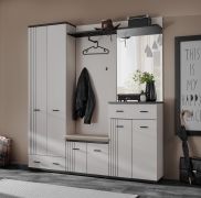 Garderobe mit Kleiderschrank | Farbe: Kaschmir / Schwarz | mit Sitzgelegenheit | 2 Kleiderstangen | Maße: 120 x 32 x 203 cm | 2 Haken | Spiegel