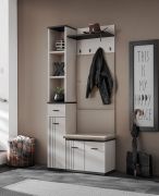 Garderobe | inkl. Sitzkissen | 4 Haken | Farbe: Kaschmir / Schwarz | gepolstertes Paneel | Maße: 90 x 32 x 203 cm | Sitzgelegenheit | 8 Fächer | für den Vorraum