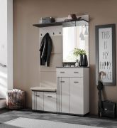 Garderobe | Spiegel | Farbe: Kaschmir / Schwarz | gepolstertes Paneel | Maße: 120 x 32 x 203 cm | 4 Haken | 1 Ablagefläche | Sitzgelegenheit