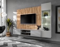 Wohnwand | Farbe: Perla Grau / Eiche Artisan | Push-to-open Funktion | Maße: 200 x 35 x 148 cm | inkl. LED-Beleuchtung | 1 TV-Unterschrank | 1 Vitrine