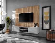 Wohnwand | Farbe: Perla Grau / Eiche Artisan | Push-to-open Funktion | Maße: 160 x 35 x 148 cm | 1 TV-Unterschrank | modernes Design