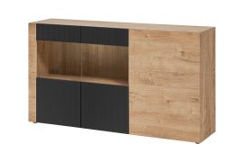 Vitrine | Push-to-open Funktion | 3 Türen | Farbe: Eiche Ribbeck / Schwarz matt | 5 Fächer | Maße: 160 x 40 x 93 cm | für Wohnzimmer