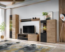 Wohnwand | Farbe: Eiche Ribbeck / Schwarz matt | Push-to-open Funktion | inkl. LED-Beleuchtung | Maße: 320 x 45 x 192 cm | 2 Vitrinen | 1 TV-Unterschrank | 1 Wandregal