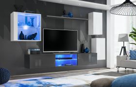 Wohnzimmerwand modern Volleberg 39, Farbe: Weiß / Grau - Abmessungen: 140 x 250 x 40 cm (H x B x T), mit blauer LED-Beleuchtung