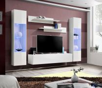 Wohnwand mit LED-Beleuchtung Hompland 10, Farbe: Weiß - Abmessungen: 170 x 260 x 40 cm (H x B x T), mit zwei Wandregale