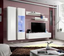 Moderne Wohnzimmer Wand Hompland 18, Farbe: Weiß - Abmessungen: 170 x 260 x 40 cm (H x B x T), mit blauer LED-Beleuchtung