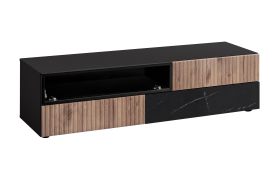 TV-Unterschrank | geriffelte Front | Farbe: Schwarz / Eiche Vicking / Schwarzer Marmor | Push-to-open Funktion | 160 x 45 x 42 cm | 3 Schubladen | 1 Kipptür