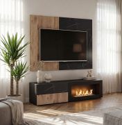 TV-Unterschrank inkl. Wandpaneel | Farbe: Eiche Vicking / Schwarzer Marmor | Bio-Ethanol Kamin | 3 Schubladen | Push-to-open Funktion | 160 x 45 x 120 / 42 cm