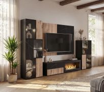 Wohnwand | Farbe: Eiche Vicking / Schwarzer Marmor | Bio-Ethanol Kamin | inkl. LED-Beleuchtung | 280 x 45 x 182 cm | 2 Vitrinen | 1 TV-Unterschrank | 1 Wandpaneel