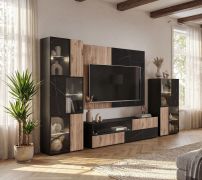 Wohnwand | Farbe: Eiche Vicking / Schwarzer Marmor | inkl. LED-Beleuchtung | 280 x 45 x 182 cm | 2 Vitrinen | 1 TV-Unterschrank | 1 Wandpaneel | Push-to-open Funktion
