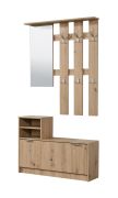 Garderobe mit Schuhschrank Banevo 01, Farbe: Eiche Artisan, Spiegel, sechs Haken, Maße: 191,5 x 100 x 29 cm, eine Ablagefläche, ABS-Kantenschutz