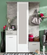 Garderobe | Farbe: Beton / Opak Weiß | fünf Haken | eine Schublade | 1 Spiegeltür | 134 x 33 x 198 cm | für den Vorraum | 10 Fächer