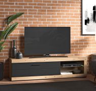 TV-Möbel / TV-Board | Farbe: Eiche Artisan / Schwarz Matt | 1 Kipptür | 162 x 42 x 44 cm | 1 Kabeldurchführung | schwarzer Griff | 4 Fächer