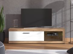 TV-Unterschrank / TV-Möbel | Farbe: Eiche Artisan / Weiß Matt | 1 Kipptür | 162 x 42 x 44 cm | 1 Kabeldurchführung | schwarzer Griff | 4 Fächer